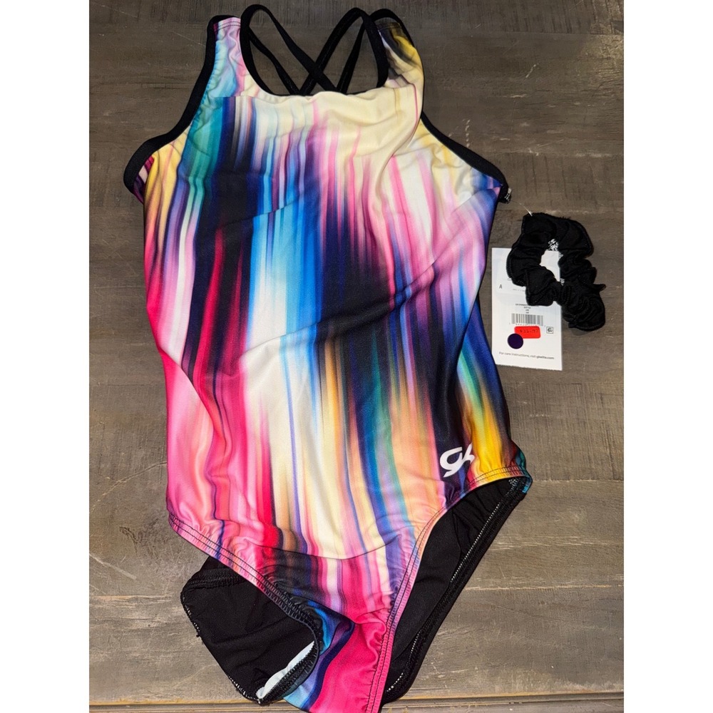 GK Elite Gymnastics Leotard Black Tie Dye Strappy Back Adult Medium Scrunchie
